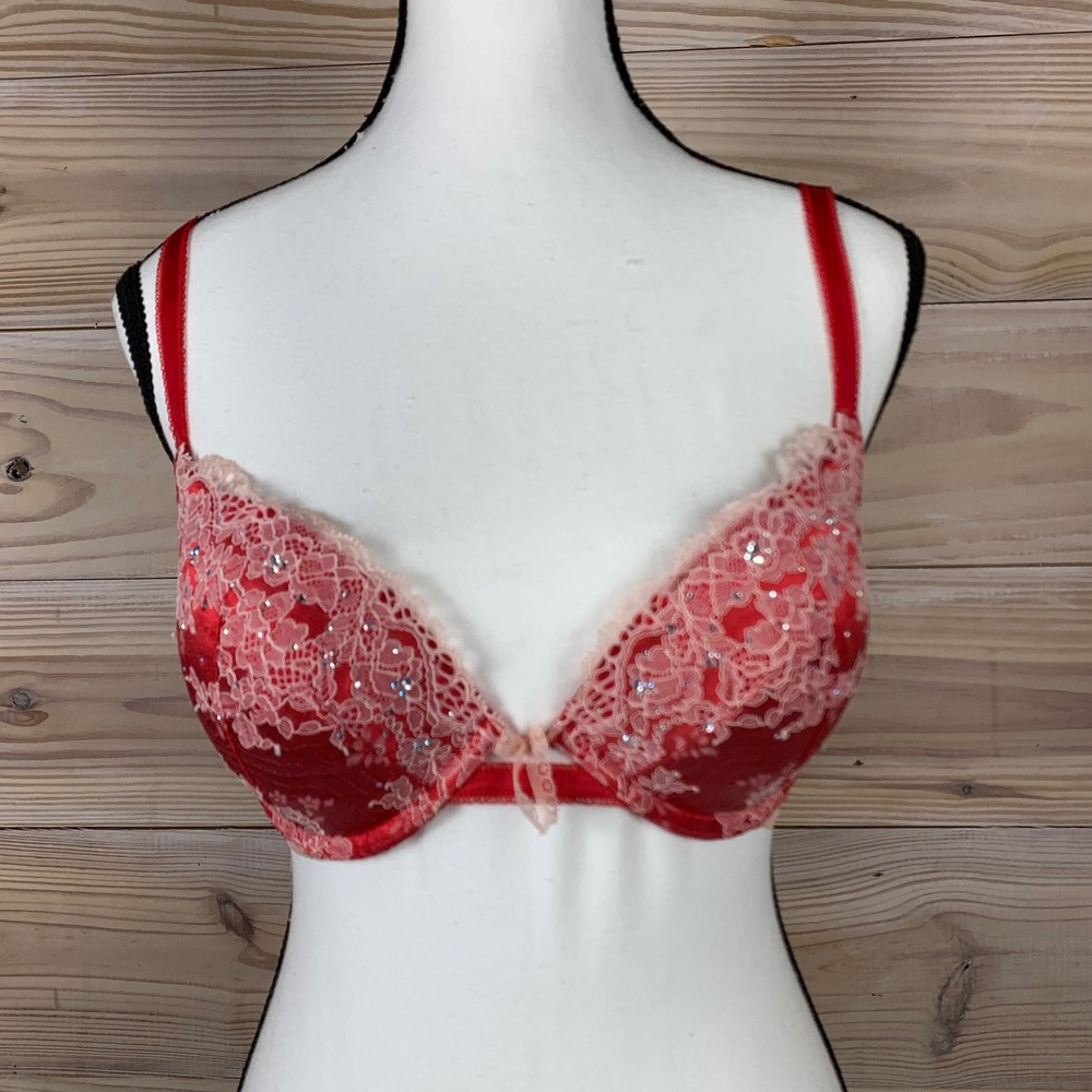 Victoria's Secret Bra Womens 32D Red Dream Angels Push-Up Lace Sequin 341944-HE0